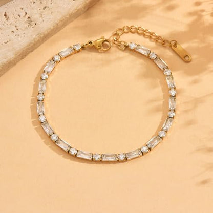 18K Gold Plated Multi-Color Classic Tennis Bracelet for Women Dainty Color 3mm Rainbow Cubic Zirconia Bracelet Adjustable CZ Gold Bracelets Trendy Summer Jewelry Gift - style: White-Gold