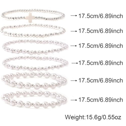 Silver Gold Beaded Bracelets for Women Stackable 14K Gold Plated Beads Ball Cross Bracelet Stack Non Tarnish Elastic Stretch Trendy Jewelry Christian Friendship Christmas Gifts for Women - color: 6pcs-Silver