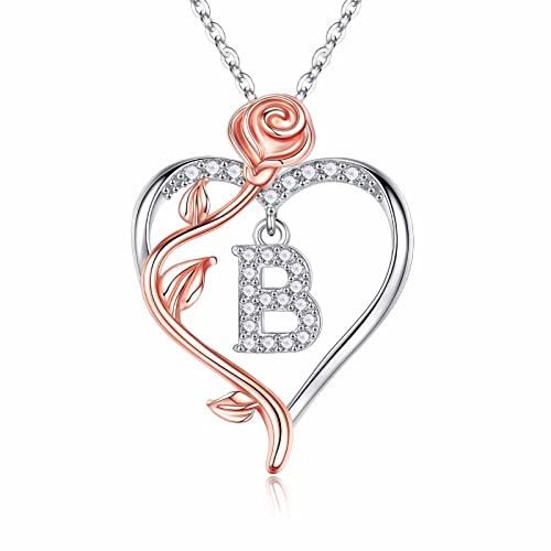 Iefil Rose Heart Initial Necklace, Anniversary Birthday Gifts for Women | Gift Box Packaging, 925 Sterling Silver, Jewelry Gift for Her Wife Mom Girlfriend, Initial A-Z, 19+2inches - color: IEFIL Jewelry Box, style: B