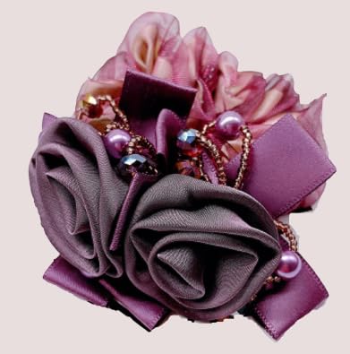 Satin Hair Scrunchie with Rose Flower, Brown and Gold, Pearl Beads, Ribbon Bow, Hair Tie Accessory, 9cm (purple) - color: purple
