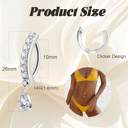 14G G23 Titanium Clicker Belly Button Ring for Women - Teardrop CZ Dangle Curved Reverse Barbell Navel Piercing - Hypoallergenic Jewelry - color: Silver