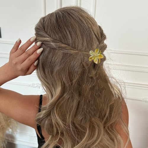Flower Hair Clips for Women Girls Claw Clips Set Ginger-Yellow Plumeria with Marble Design Barrettes Summer Hair Clip Fashion Hair Styling Accessories for Thick Thin Hair(3Pcs:1Large 2Small) - color: Ginger-Yellow