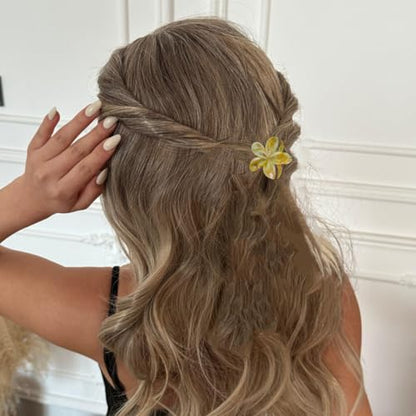 Flower Hair Clips for Women Girls Claw Clips Set Ginger-Yellow Plumeria with Marble Design Barrettes Summer Hair Clip Fashion Hair Styling Accessories for Thick Thin Hair(3Pcs:1Large 2Small) - color: Ginger-Yellow