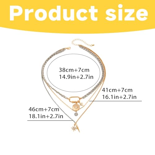 Mixed Metal Stack for Women, Multi Layered Two Tone Gold and Silver Coin Pendant Paperclip Stacked Necklace with Star and Celestial Charms, Chunky Trendy Statement Jewelry Gifts - color: Gold