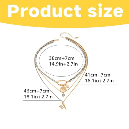 Mixed Metal Stack for Women, Multi Layered Two Tone Gold and Silver Coin Pendant Paperclip Stacked Necklace with Star and Celestial Charms, Chunky Trendy Statement Jewelry Gifts - color: Gold