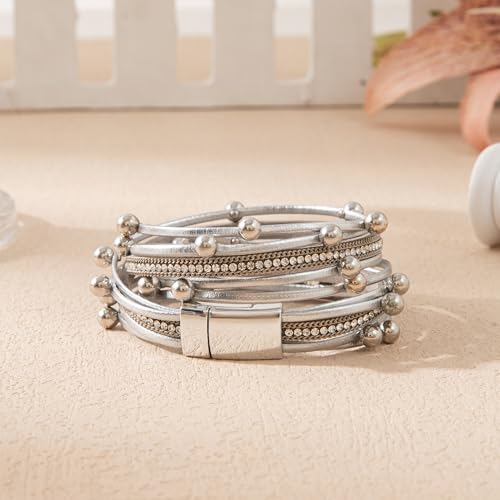 Rantanto Leather Wrap Bracelets For Women Gold Twist Lock Buckle Wrist Cuff | PU leather,Skin-friendly,Boho Stackable Wristband,Fashion Daily Jewelry,Trend Casual Party Bangle,Fit For Birthday, Holiday - color: Multi Silver