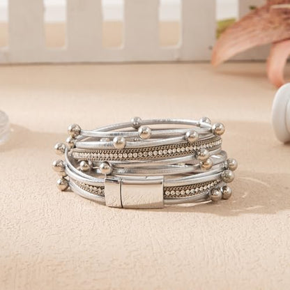 Rantanto Leather Wrap Bracelets For Women Gold Twist Lock Buckle Wrist Cuff | PU leather,Skin-friendly,Boho Stackable Wristband,Fashion Daily Jewelry,Trend Casual Party Bangle,Fit For Birthday, Holiday - color: Multi Silver