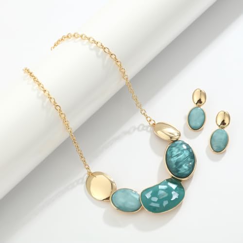 Vintage Statement Jewelry Set - Chunky Flower Floral Plant Geometric Resin Bib Necklace Earring Set Bohemian Boho Crystal Rhinestone Fashion Jewelry for Women Bridal Party Prom Unique Gift - style: MLJS2608-Aquamarine