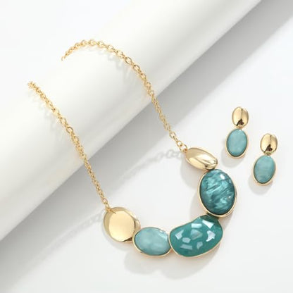 Vintage Statement Jewelry Set - Chunky Flower Floral Plant Geometric Resin Bib Necklace Earring Set Bohemian Boho Crystal Rhinestone Fashion Jewelry for Women Bridal Party Prom Unique Gift - style: MLJS2608-Aquamarine