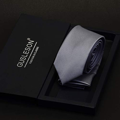 GUSLESON 2.4" Slim Necktie and Handkerchief Set For Men Solid Skinny Tie Set - color: Gray