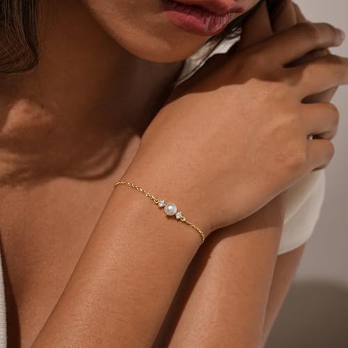 Bracelets for Women, Dainty Gold Silver Ring Bracelet Hand Chain | Cubic Zirconia Pearl Charms, 14K Gold Plated, Adjustable Fit, Trendy Stackable Link Chain, Waterproof Jewelry, Gift for Her - color: Gold-pearl cz bracelet