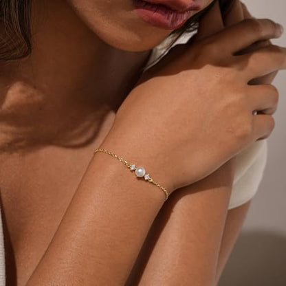 Bracelets for Women, Dainty Gold Silver Ring Bracelet Hand Chain | Cubic Zirconia Pearl Charms, 14K Gold Plated, Adjustable Fit, Trendy Stackable Link Chain, Waterproof Jewelry, Gift for Her - color: Gold-pearl cz bracelet