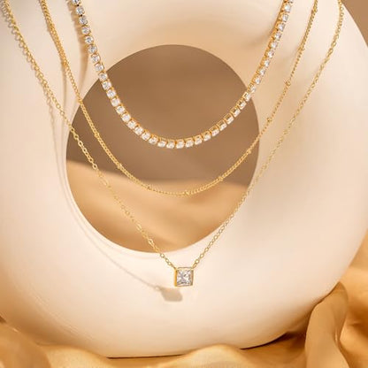 CHESKY 14K Gold Plated Layered Necklaces for Womens Trendy,Dainty Tennis Necklaces Simple CZ Pendant Stack Jewelry Gifts