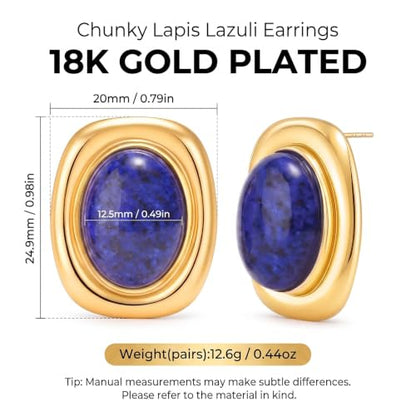 Chunky Gold Stud Earrings for Women 18K Gold Plated Hypoallergenic Chunky Statement Earrings Big Natural Crystal Stone Earring Gift for Women - color: Lapis Lazuli