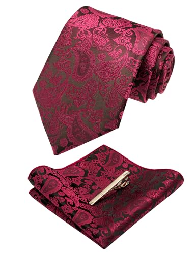JEMYGINS Mens Solid Color Paisley Necktie and Pocket Square with Tie Clip Sets - color: Burgundy