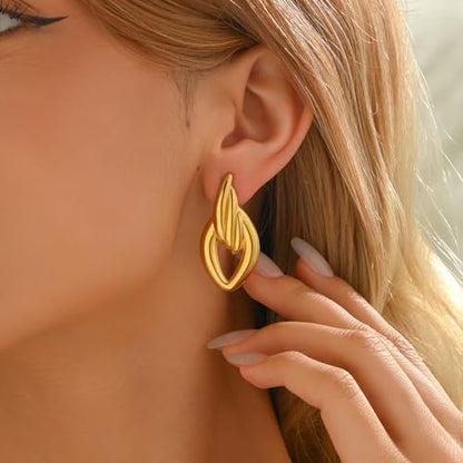 Chunky Stud Earrings for Women 18K Gold Plated Large Square Rectangle Geometric Round Swirl Stud Earrings Trendy Irregular Hammered Statement Earrings - color: Wing-Gold