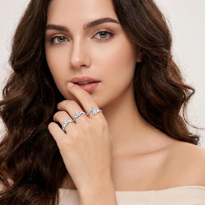 SAVORI Stainless Steel Round CZ Adjustable Ring Set for Women, 3 Styles (Closed Band, Open Bypass, Double Open Band), Hypoallergenic Solitaire Stackable Jewelry Gifts