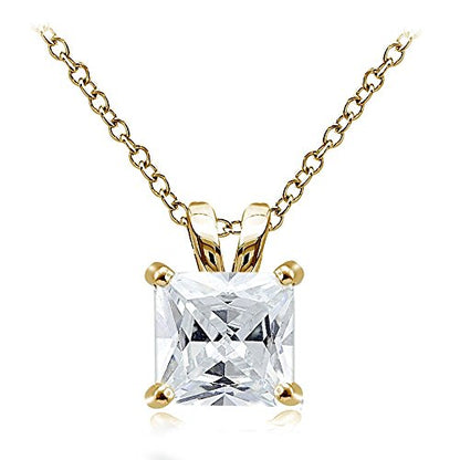 Hoops & Loops Sterling Silver, Yellow Gold Flash or Rose Gold Flash CZ Cubic Zirconia Square Solitaire Pendant Necklace - style: 12mm-Yellow Flash Silver