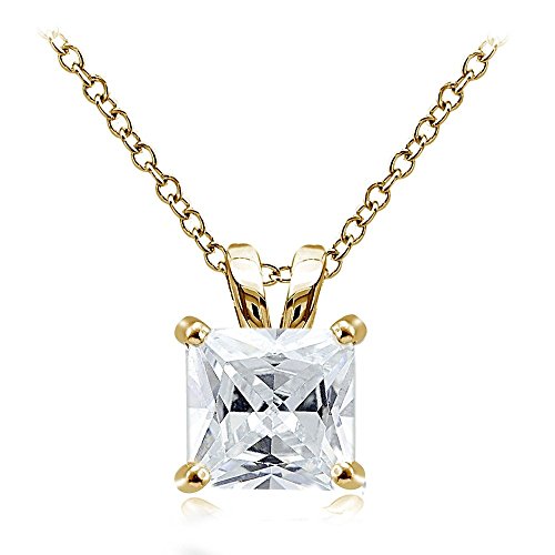 Hoops & Loops Sterling Silver, Yellow Gold Flash or Rose Gold Flash CZ Cubic Zirconia Square Solitaire Pendant Necklace - style: 12mm-Yellow Flash Silver
