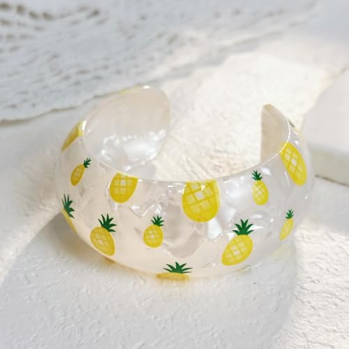 Chunky Fruit Acrylic Cuff Bangle Bracelet for Women, Colorful Strawberry Banana Cherry Watermelon Resin Acetate Wide Open Statement Jewelry Geometric Wristband Bracelets Summer Beach Jewelry - style: Pineapple