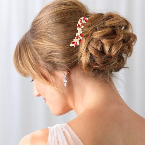 Bridal Crystal Hair Comb Small Wedding Alloy Rhinestone Party Prom Hair Piece Accessories Elegant for Women Girls (Red + Gold) - color: Red + Gold