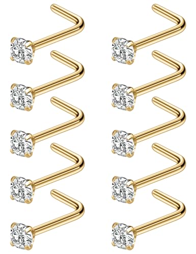 Cisyozi 18G Nose Rings Studs Hypoallergenic Nose Piercings 316L Surgical Steel Silver Nose Rings Set L Shaped Nose Nostril Piercing Jewelry for Women Men Diamond CZ 1.5mm 2mm 2.5mm 3mm 3.5mm 4mm - color: 18G - Gold- CZ 1.5mm