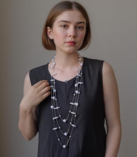 Errally Long Pearl Necklace and Earring Set Layered Pearl Beaded Necklaces for Women White Costume Jewelry Sets Gifts for Mom - color: Disc Shaped