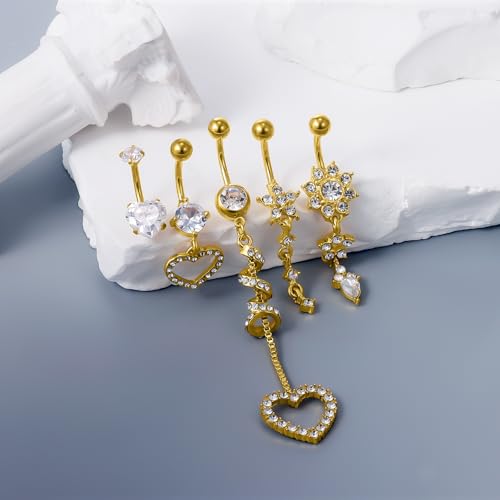 Vsnnsns 14G Dangle Belly Button Ring Piercing Jewelry 316L Stainless Surgical Steel Heart Flower CZ Reverse Navel Rings Dangling Belly Button Ring Piercing Jewelry for Women 14 Gauge Hypoallergenic - style: 5Pcs Gold