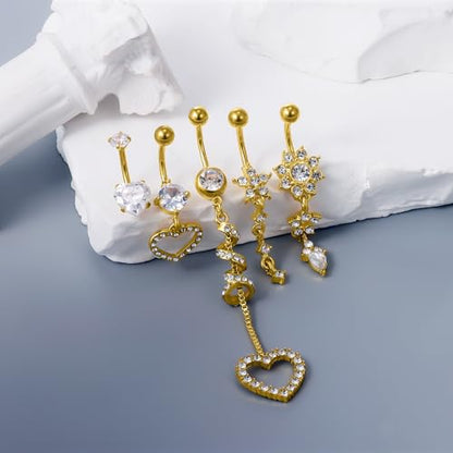 Vsnnsns 14G Dangle Belly Button Ring Piercing Jewelry 316L Stainless Surgical Steel Heart Flower CZ Reverse Navel Rings Dangling Belly Button Ring Piercing Jewelry for Women 14 Gauge Hypoallergenic - style: 5Pcs Gold