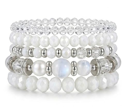LOTSOF Boho Multilayer Beaded Bracelets Set for Women - Vintage Gold & Brown Stackable Stretch Bracelets, Bohemian Handmade Jewelry for Daily Style & Gifting - color: White-5pcs