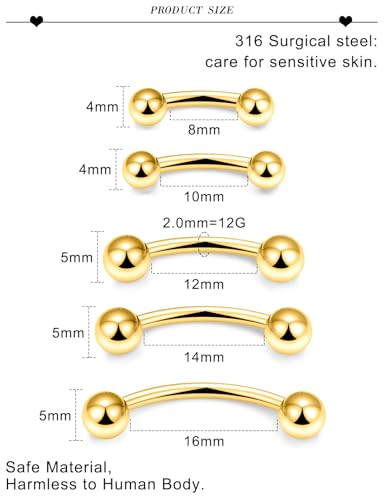 20G 16G 14G 12G Eyebrow Ring Piercing Jewelry Surgical Steel Vertical Labret Lip Ring Rook Daith Earrings Navel Small Tiny Belly Button Ring Piercing Jewelry for Women Men Silver Black Gold - color: Gold, size: 12G
