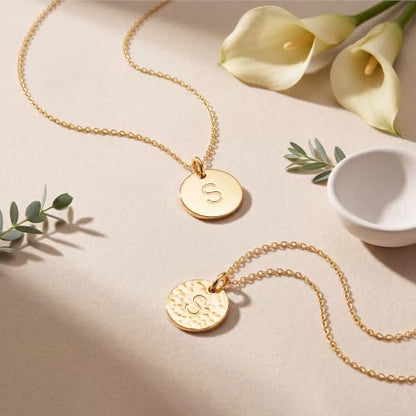 Bemoly Initial Necklace for Women Round 11MM Coin Disc Double Side Engraved Letter A-Z Hammered Pendant 14K Gold Plated Personalized Alphabet Birthday Jewelry 17.5" - style: S