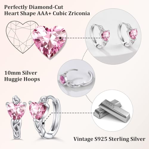 Bestyle 925 Sterling Silver Huggie Hoop Earrings Small Birthstone Hoop Earrings for Women Hypoallergenic Silver Huggie Earring,Great Birthday Earrings Gift for Daughter Wife Mom - color: 10-Pink Tourmaline-Hoop