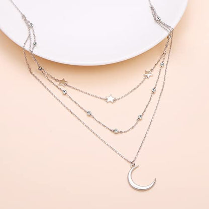 925 Sterling Silver Multilayer Layered Triple Long Chain Necklace for Women - style: Moon Star