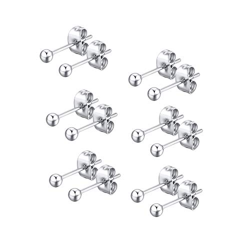 FOSIR 6 Pair Tiny Women 14K Gold Plated Ball Stud Earrings Surgical Stainless Steel Earrings Set, 2-6MM - style: silver-6pair,3mm