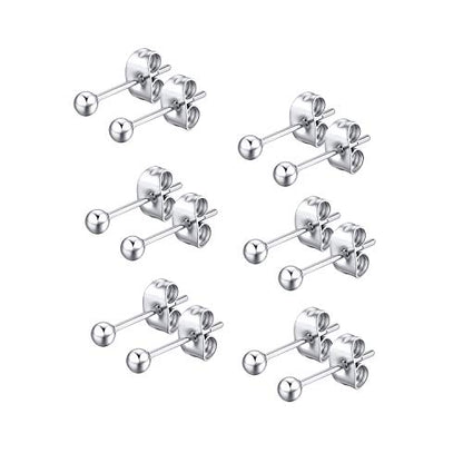 FOSIR 6 Pair Tiny Women 14K Gold Plated Ball Stud Earrings Surgical Stainless Steel Earrings Set, 2-6MM - style: silver-6pair,3mm