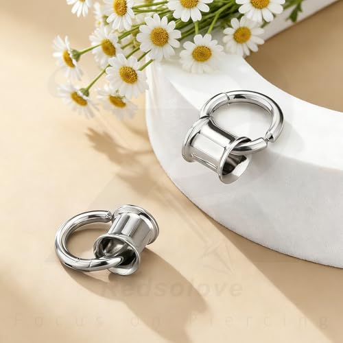 1 Pair Ear Guages with Rings 316L Stainless Steel Saddle Plugs for Ears Hypoallergenic Hoop Earrings Weights Stretchers Ears Tunnels Expander Piercing 0G 00G 1/2" 9/16" - color: Silver;00G(10mm)