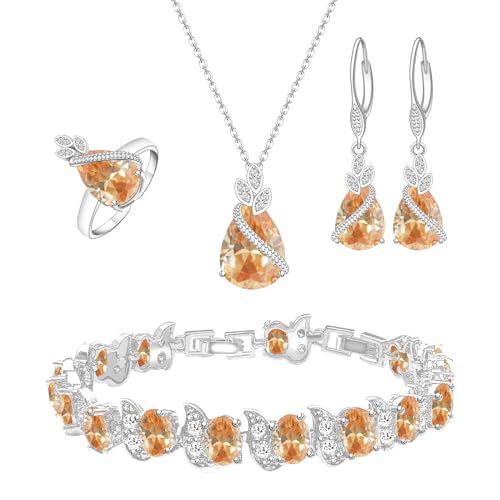 GZWHD Jewelry Set for Women CZ Earrings Necklace Ring Bracelet Set Prom Party Wedding Jewelry Gift for Mother Friend Wife - color: A-Champagne