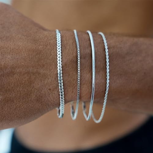 Mens Bracelet - Dainty Gold/Silver Chain Bracelet Stack 14K Gold Plated Silver Bracelets for Men Stainless Steel Adjustable Cross Charm Cuban Link Bracelet Snake Jewelry Set to Men Dad Birthday Day - color: Silver 4pcs, size: 7+2 Inch
