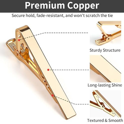 MOWPOG 6 Pcs Tie Clips for Men, Tie Bar Pins Tacks with Gift Box | Copper, Shiny & Glossy, for Father, Husband, Boyfriend, Business, Wedding, Suit Accessories, Easy to Open, Won't Fade/Scratch - color: Gold