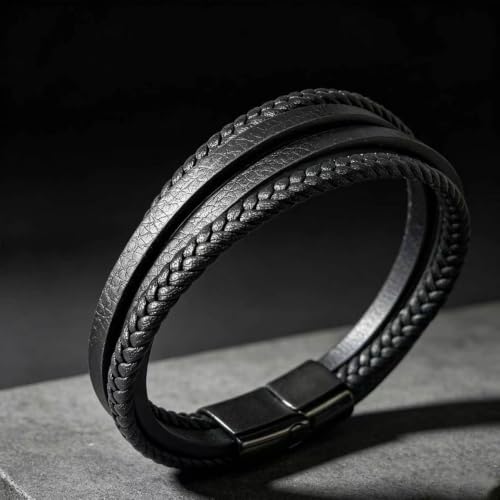 Italian Handmade Leather Bracelets for Men - color: Wrap Black, size: 8.2"
