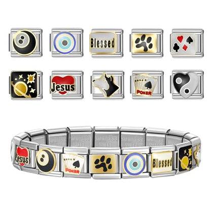 Stainless Steel Italian Charm Bracelet, 18 Link Starter Bracelet 9mm Charms | Italian Charm Bracelet with 9Pcs/20Pcs Charms and Opening Tools, Classic 9mm Modular Charm, Personalized Jewelry Gift - color: Silver-Black Poker