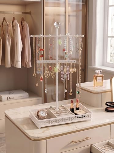 Meangood Jewelry Organizer Stand, 15.6" H Jewelry Tree Display Holder Stand for Bracelets Necklaces Earrings Rings, Gift for Women Girls (White) - color: White