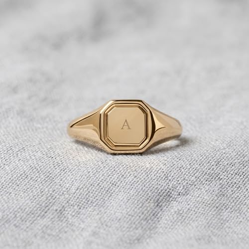 Visoka Men's Personalized Gold Signet Ring Custom Initial - Octagon Engraved Pinky Ring for Men, Stainless Steel Gold Plated, Statement Ring Gift for Boyfriend Groomsmen