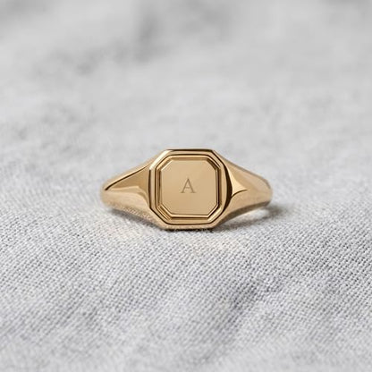Visoka Men's Personalized Gold Signet Ring Custom Initial - Octagon Engraved Pinky Ring for Men, Stainless Steel Gold Plated, Statement Ring Gift for Boyfriend Groomsmen