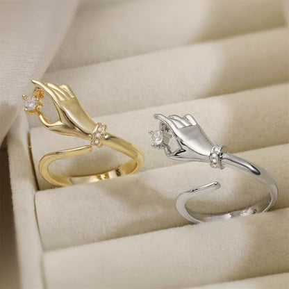 Trendy CZ Hand Open Rings for Women Unique Design Cubic Zirconia Crystal Dainty Adjustable Finger Comfort Fit Eternity Ring Promise Love Friendship Wedding Band Charm Jewelry for Her Girlfriend - color: Gold