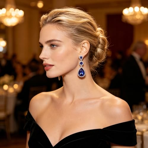 YINLI Elegant Wedding Bridal Crystal Tear Drop Dangle Earrings for Women - color: Blue,Silver