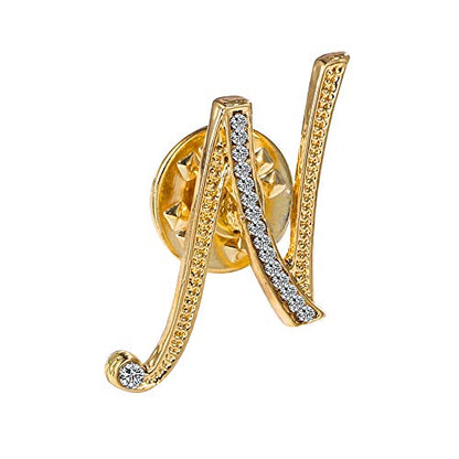 Initial Letter Brooch Pin Small Lapel Pin Tie Tack Name Personalized Gifts for Women Men Gold A-Z - style: N