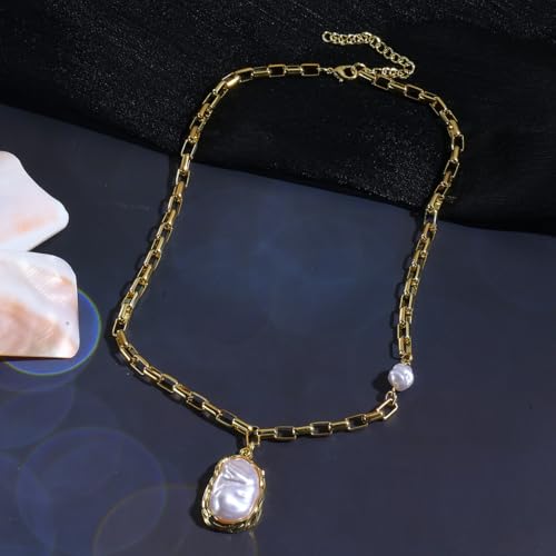 Chunky Pearl Necklaces for Women Chunky Baroque Pearl Beaded Gold Chain Link Pearls Pendant Necklace White Pearls Necklace Valentine's Day Jewelry Gifts Party Prom Birthday Outfits Accessorie - style: Gold Chain, Pearl Pendant