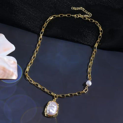 Chunky Pearl Necklaces for Women Chunky Baroque Pearl Beaded Gold Chain Link Pearls Pendant Necklace White Pearls Necklace Valentine's Day Jewelry Gifts Party Prom Birthday Outfits Accessorie - style: Gold Chain, Pearl Pendant